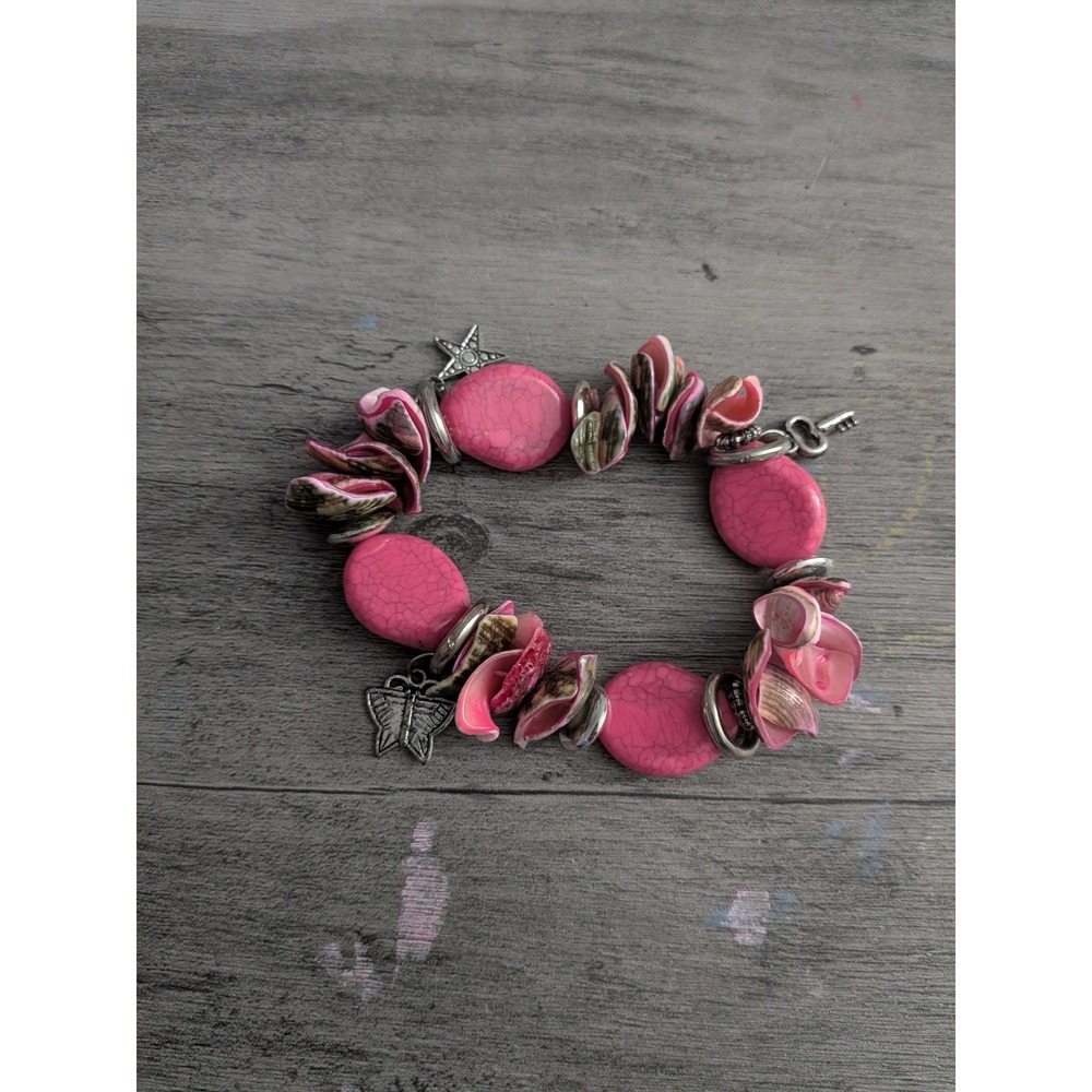 Pink Faux Turquoise Seashell Charm Stretch Bracelet Butterfly Starfish Key Boho